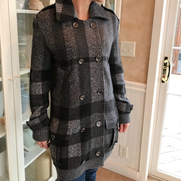 Burberry Brit Double Breasted Thick Wool Sweater Coat Gray Plaid Small Like New - Picture 4 of 12